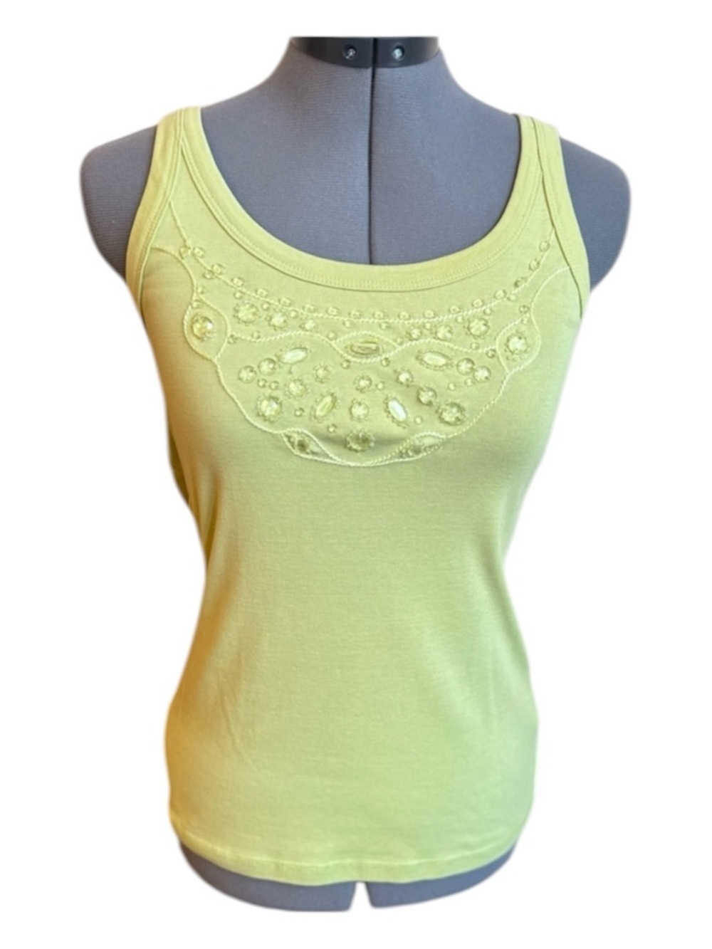 Y2K Lime Green Embellished Tank Top Beaded Rhinestone Fairycore Coastal Summer